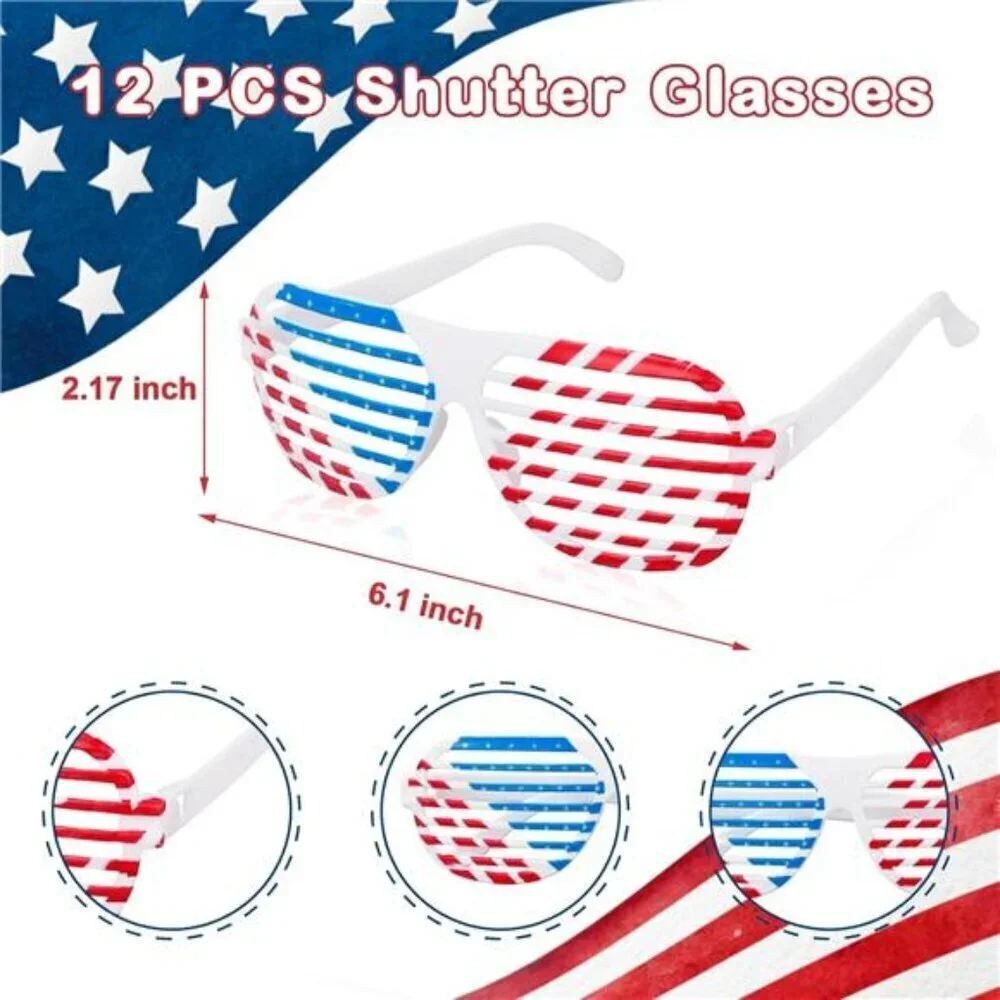 Memorial Day 4th of July Shutter  Glasses 12 Pack, Red White & Blue American